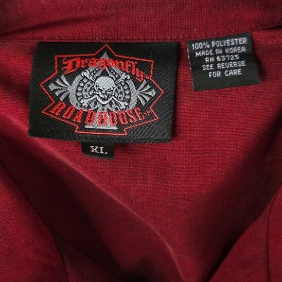 Vintage Dragonfly Roadhouse Shirt Mens Size XL Red Skeleton Skull Top Hat Flames - Picture 6 of 7